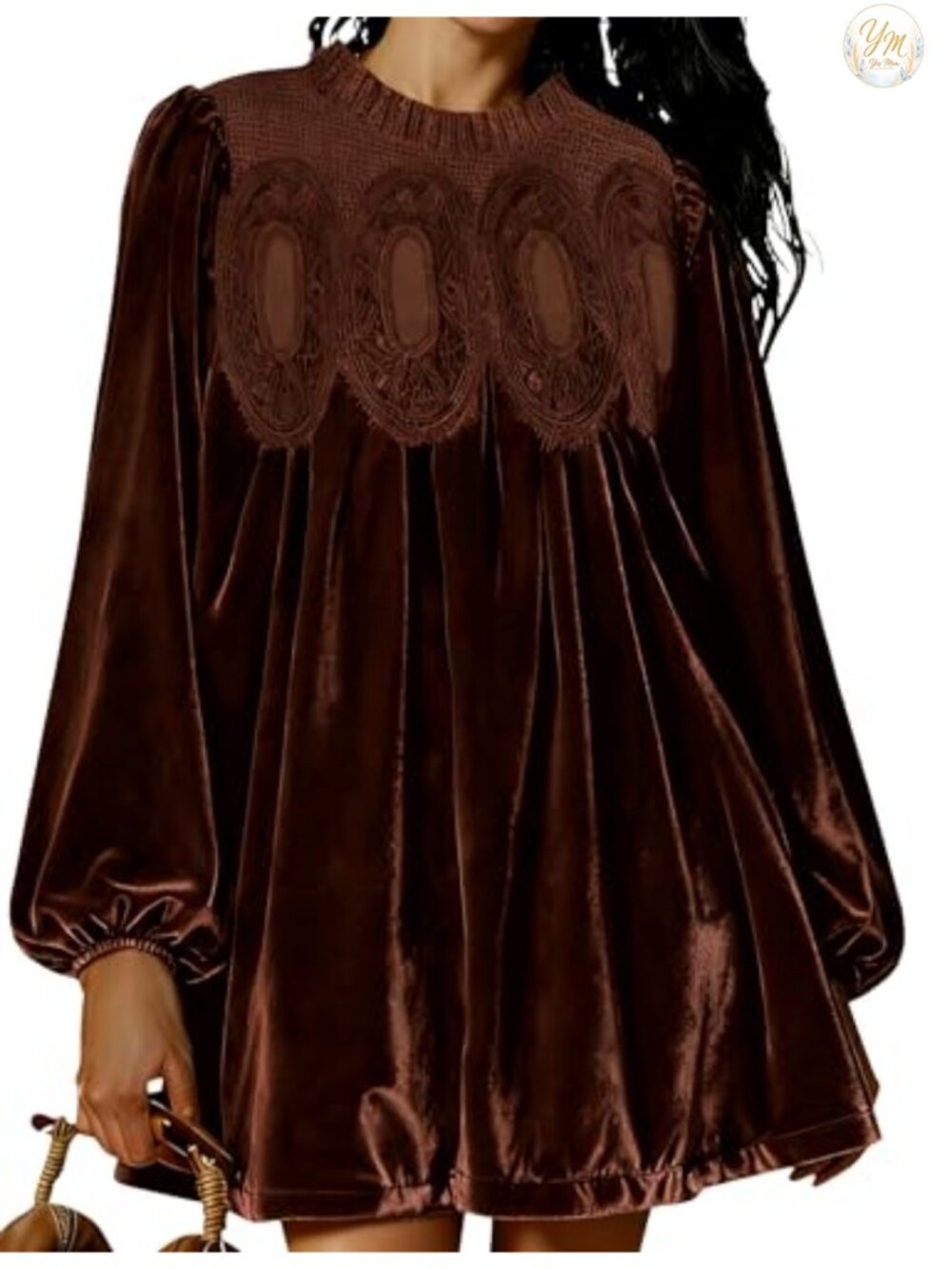 A-Line Velvet Lace Overall Pleated Swing Babydoll Scallop Neck Mini Dress